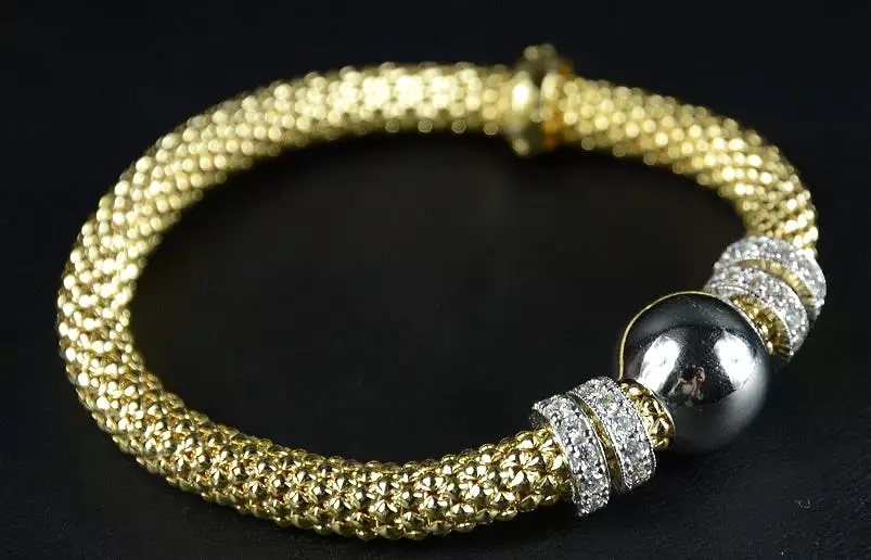 Yellow Gold Plated Silver Beaded Stretch Bracelet with multiple Rows of Cubic Zirconia Rings 19cm long - Ceilo Milan