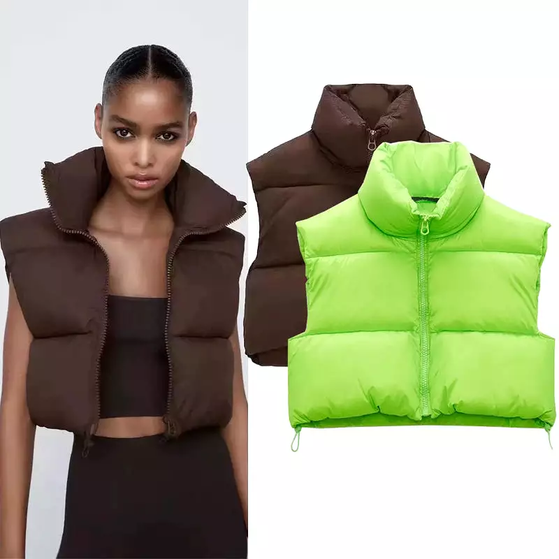 Zipped Stand Collar Short Cotton Jacket Vest